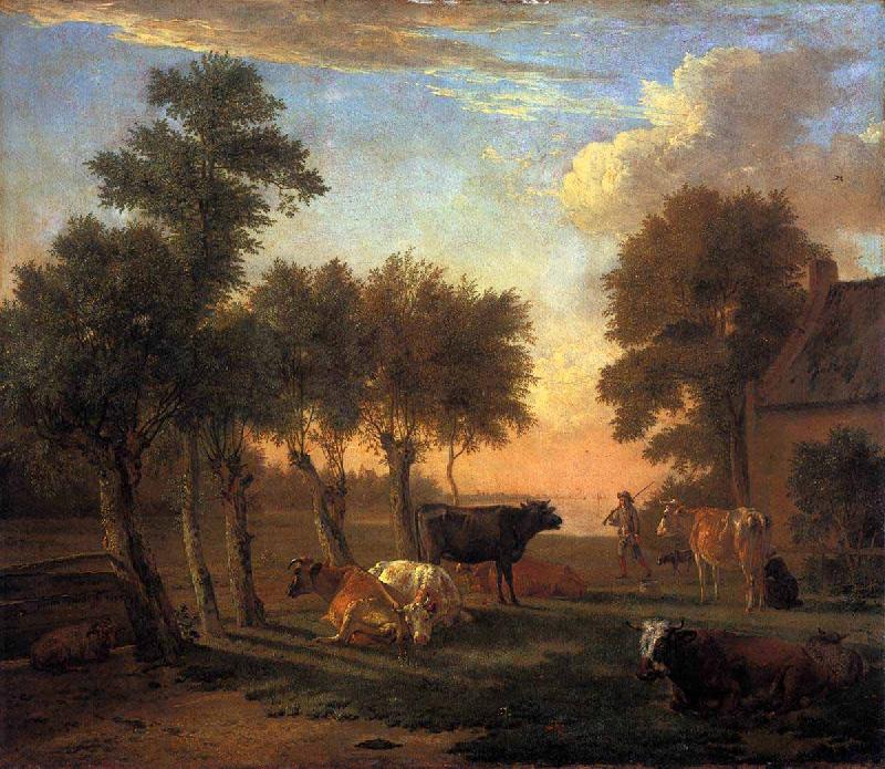 paulus potter Cows in a meadow near a farm